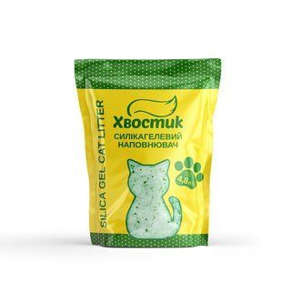 Силикагель наполнитель Хвостик для кошек, с зелеными гранулами, мелкая фракция, 4,8 л 179939 фото