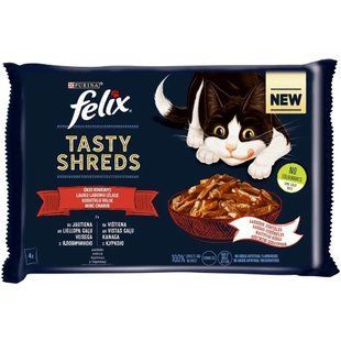 Вологий корм FELIX Tasty Shreds для дорослих котів, шматочки в соусі, з яловичиною та куркою, 4x80 г 7613287650320 фото