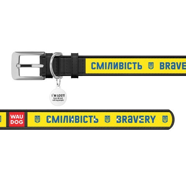 Нашийник для собак шкіряний WAUDOG Design з QR паспортом, малюнок "Сміливість", L, Ш 25 мм, Дов 38-49 см чорний 3605-0231-01 фото