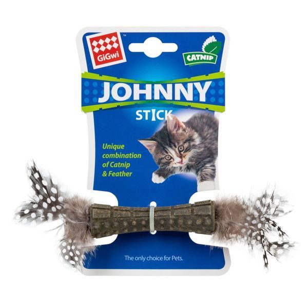 Игрушка для кошек Спрессованная кошачья мята с перьями GiGwi Johnny stick, перо, кошачья мята, 8 см 75335 фото