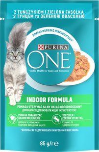 Влажный корм PURINA ONE Indoor для взрослых кошек постоянно находящихся в помещении, кусочки в соусе, с тунцем и зеленой фасолью, 85 г. 7613038255903 фото