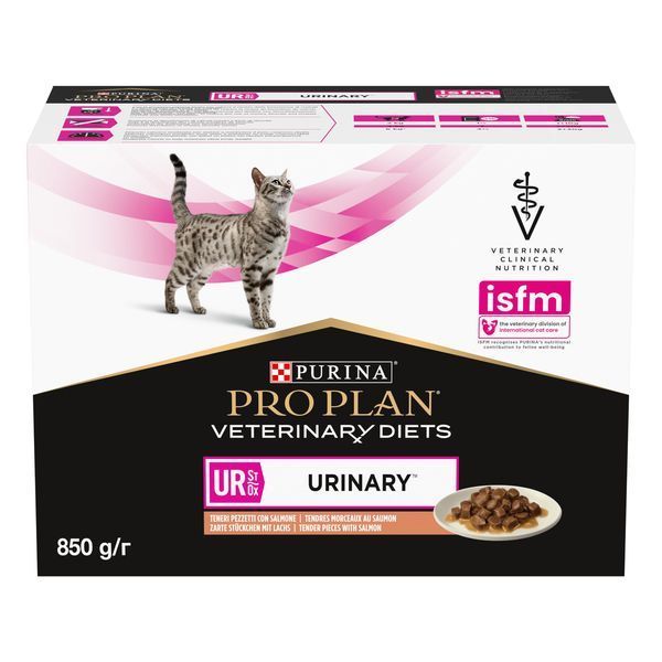 Вологий дієтичний корм PRO PLAN VETERINARY DIETS UR ST/OX Urinary для дорослих котів для розчинення та зниження утворення струвітних каменів, шматочки у підливці, з лососем, 10х85 г 8445290093851 фото