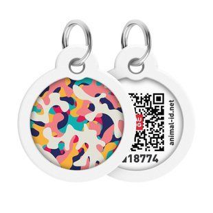 Адресник для собак і котів металевий WAUDOG Smart ID з QR паспортом, малюнок "Камо різнокольоровий", коло, Д 30 мм 230-0206 фото