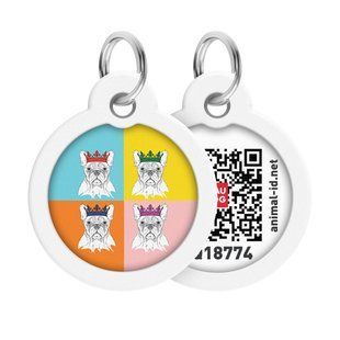 Адресник для собак і котів металевий WAUDOG Smart ID з QR паспортом, малюнок "Французький бульдог", коло, Д 30 мм 230-0209 фото