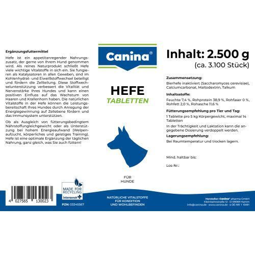 Комплекс витаминов группы Canina Hefe для собак дрожжевые таблетки с энзимами 2,5 кг 3100 табл. 130023 AD фото