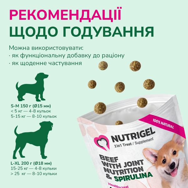 LK Baits Pet Nutrigel Beef S-M Функціональні ласощі для собак для суглобів з яловичиною і спіруліною (&Oslash; 15 мм), 150 г 7777003 фото