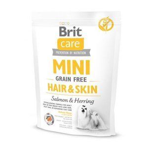 Корм сухий Brit Care Grain Free Mini Hair Skin для собак мніатюрних порід для шкіри та шерсті з лососем та оселедцем 400 г 170783 фото