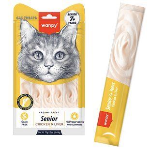 Wanpy Creamy Lickable Treats Senior Chicken & Liver ВАНПИ КУРИЦА С ПЕЧЕНЬЮ ДЛЯ ПОЖИЛЫХ КОТОВ жидкое лакомство с лактобактериями и глюкозамином, 14гх5од. RAC-99 фото