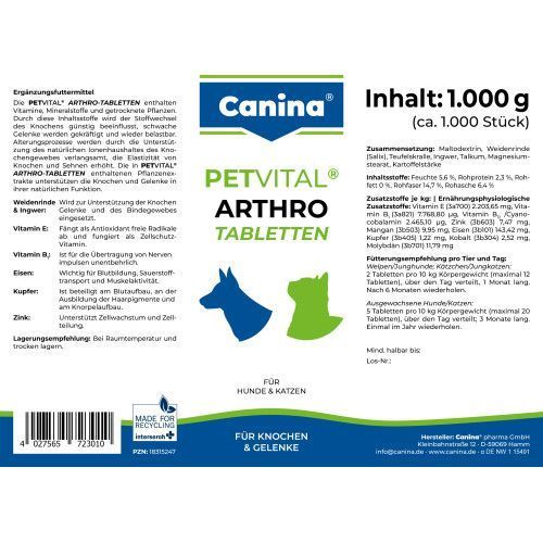 Витамины Canina Petvital Arthro-Tabl. для собак и кошек, для проблемных суставов, 1000 г (1000 табл) 723010 AD фото