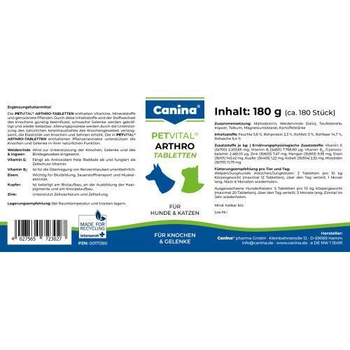 Мінеральний комплекс Canina Petvital Arthro-Tabletten для собак та котів для проблемних суглобів 180 г 180 табл. 723027 AD фото