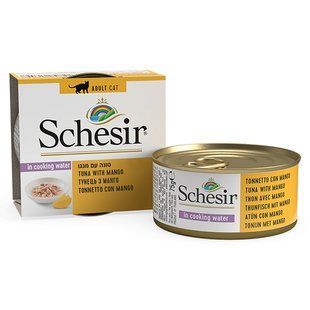 Schesir Tuna with Mango ШЕЗИР ТУНЕЦ С МАНГО в бульоне натуральные консервы для котов, влажный корм, банка 75г 613547 фото