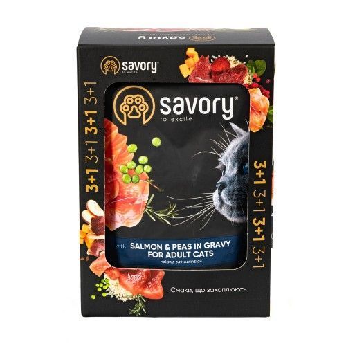 Набір паучів 3+1 Savory Adult Cat Salmon and Peas in Gravy для котів шматки в соусі з лососем та горохом 4х85 г Savory_032818 фото