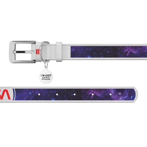 Нашийник для собак шкіряний WAUDOG Design з QR паспортом, малюнок "NASA21", XXS, Ш 12 мм, Д 18-24 см, білий 3601-0148-15 фото