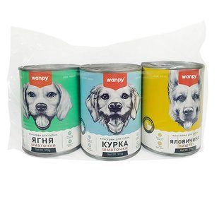 2+1 НАБІР Wanpy М&rsquo;ЯСНИЙ БЕНКЕТ Шматочки+Паштет вологий корм консерви для собак, банка 3х375г LCB фото